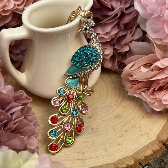 Beautiful Blue and Colorful Crystal Peacock Keychain Charm - Picture 3 of 16